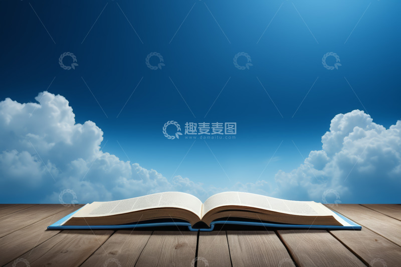 高清大图下载【趣麦麦图】木桌上翻开的书与蓝天白云背景