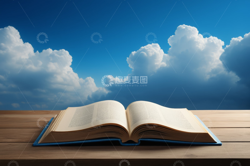 高清大图下载【趣麦麦图】木桌上翻开的书与蓝天白云背景
