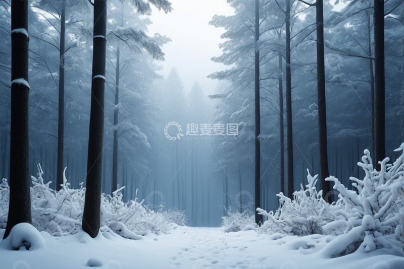 高清大图下载【趣麦麦图】冬日积雪覆盖的静谧森林