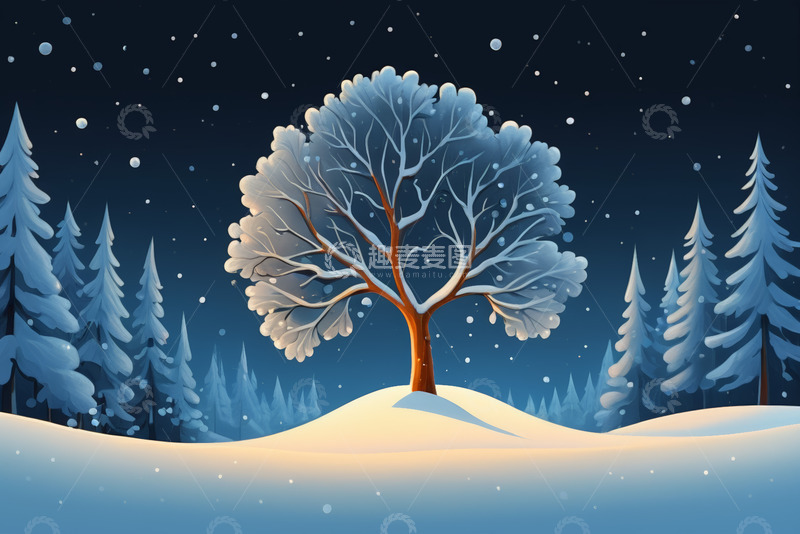 高清大图下载【趣麦麦图】冬夜雪景中的孤树与松林