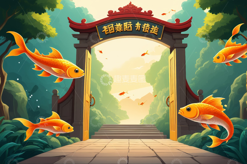 高清大图下载【趣麦麦图】中式拱门旁游动的金鱼画面