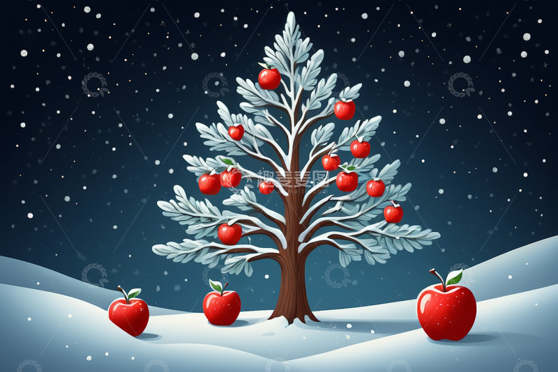 高清大图下载【趣麦麦图】雪夜苹果树与地上苹果