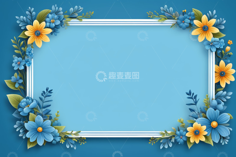 高清大图下载【趣麦麦图】蓝色背景花卉装饰框架