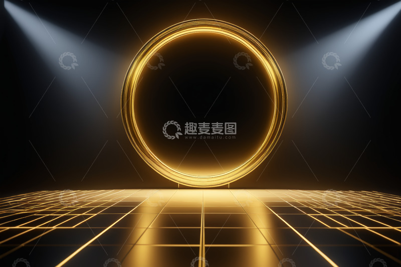 高清大图下载【趣麦麦图】黑色背景下发光圆环舞台场景