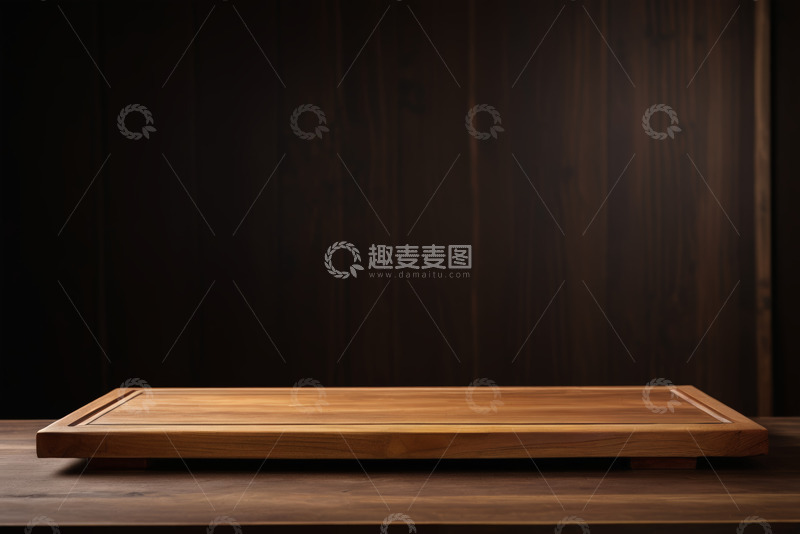 高清大图下载【趣麦麦图】木质托盘置于深色背景前