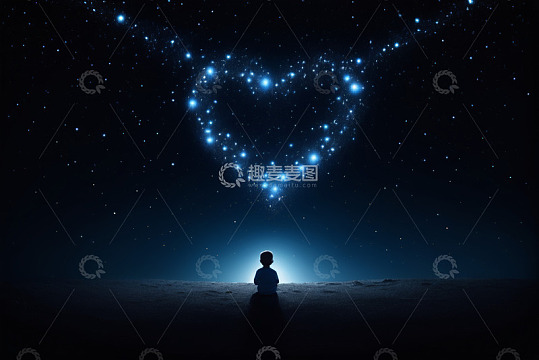小孩仰望星空心形星轨画面