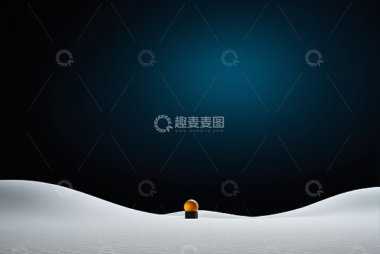 蓝背景白色沙丘上的橙色球体