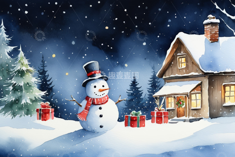 高清大图下载【趣麦麦图】雪夜雪人礼物旁的木屋风景