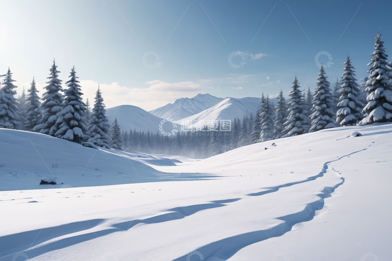 高清大图下载【趣麦麦图】冬日雪覆盖的山林景观