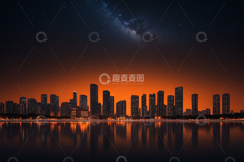 高清大图下载【趣麦麦图】城市夜景天际线与水面倒影
