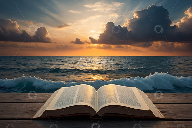 高清大图下载【趣麦麦图】海边木桌上翻开的书籍
