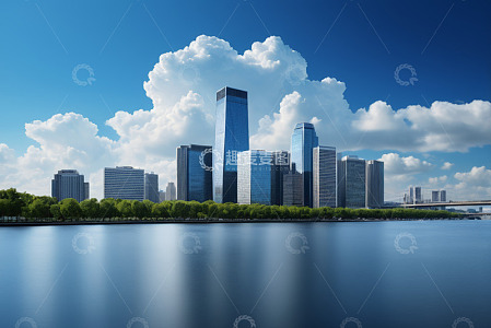 城市河畔现代摩天大楼景观
