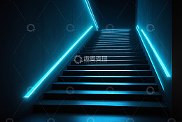 蓝色发光线条装饰的楼梯通道