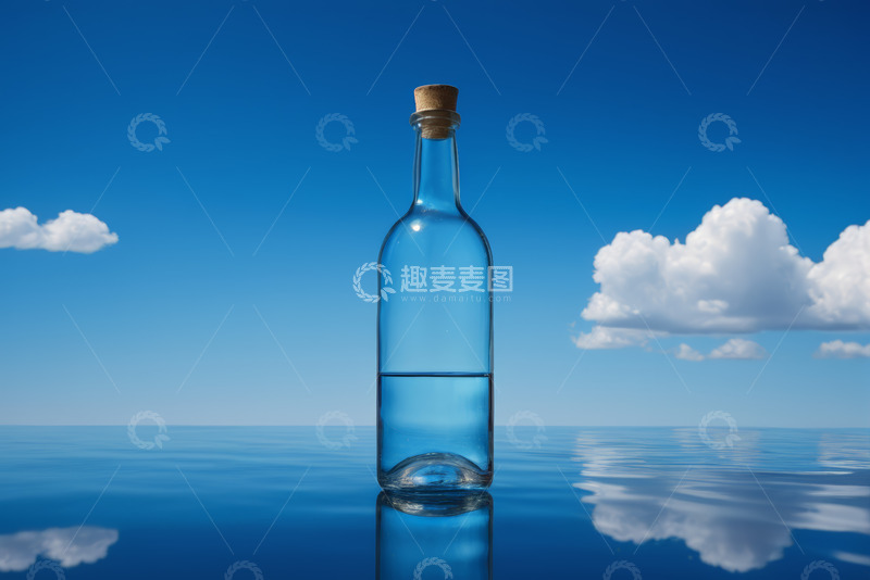 高清大图下载【趣麦麦图】蓝天下水面上的玻璃瓶
