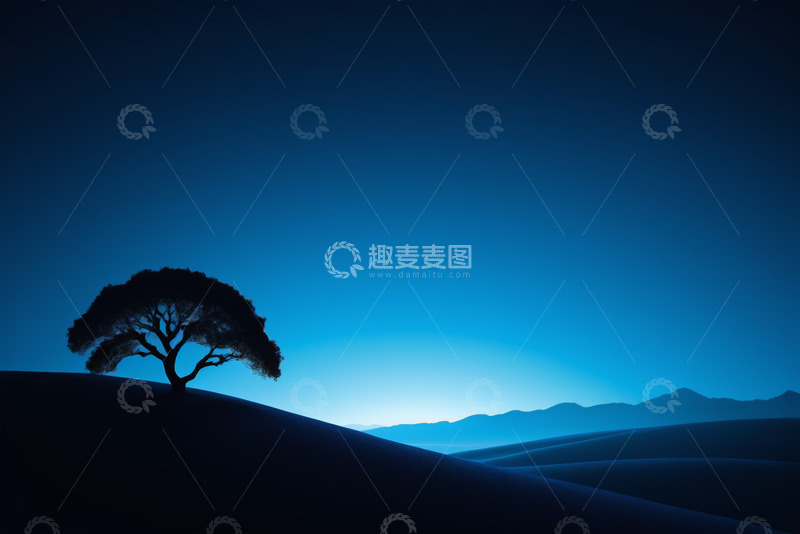 高清大图下载【趣麦麦图】蓝天下山丘上的孤树剪影