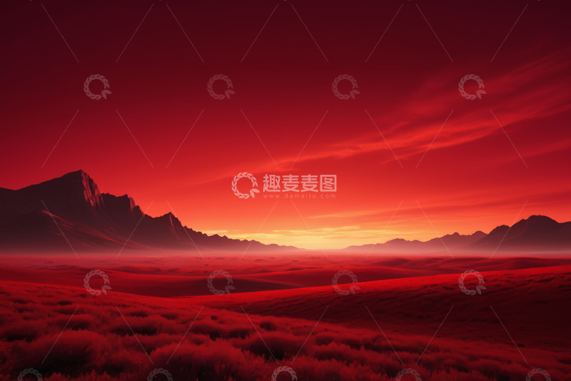 高清大图下载【趣麦麦图】红色天空下的山脉与草地景观