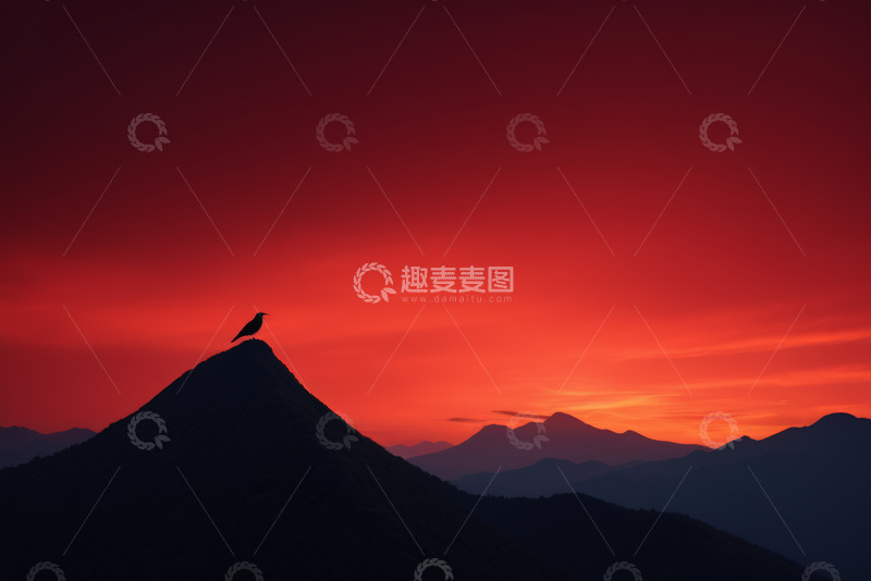高清大图下载【趣麦麦图】山顶飞鸟与日落壮丽景观