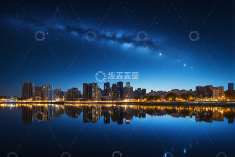 高清大图下载【趣麦麦图】城市夜空下的建筑与湖面倒影