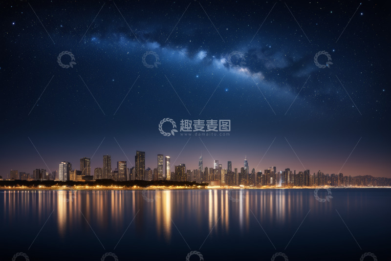 高清大图下载【趣麦麦图】城市夜景天际线与星空倒影