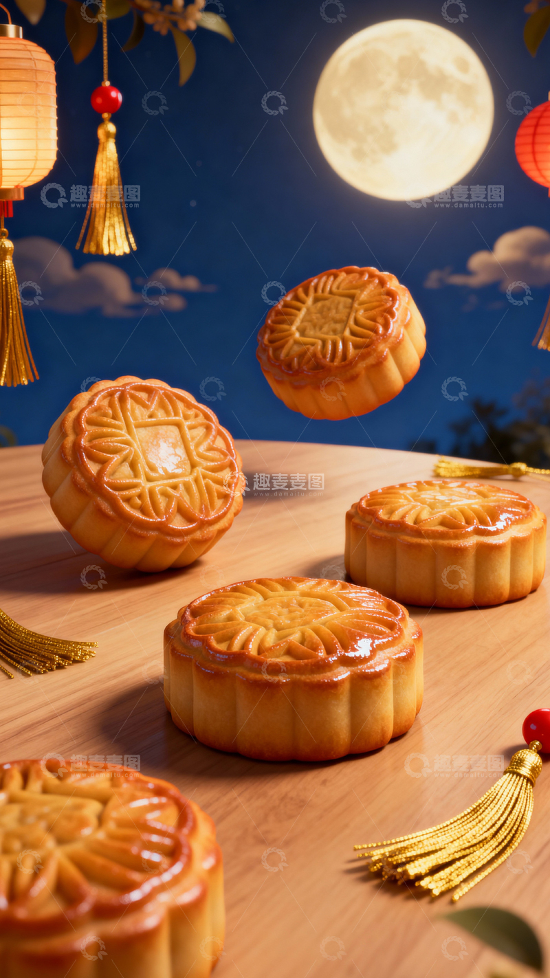 高清大图下载【趣麦麦图】中秋节月饼背景_竖屏037
