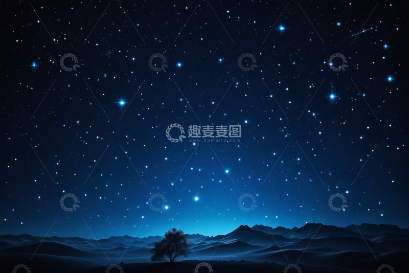 高清大图下载【趣麦麦图】星空下的山脉与孤树景象