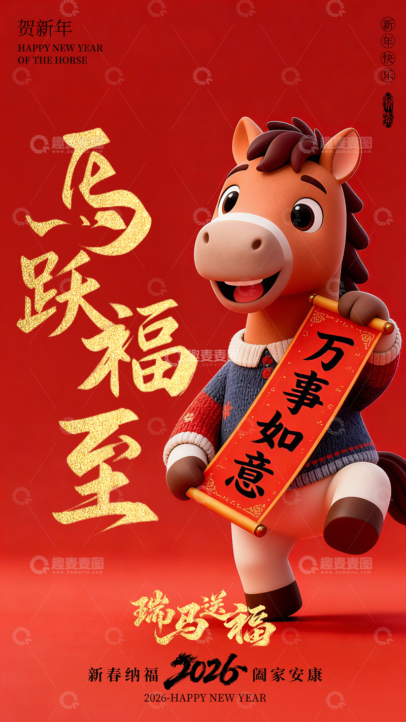 源文件下载【趣麦麦图】3D马年简约海报