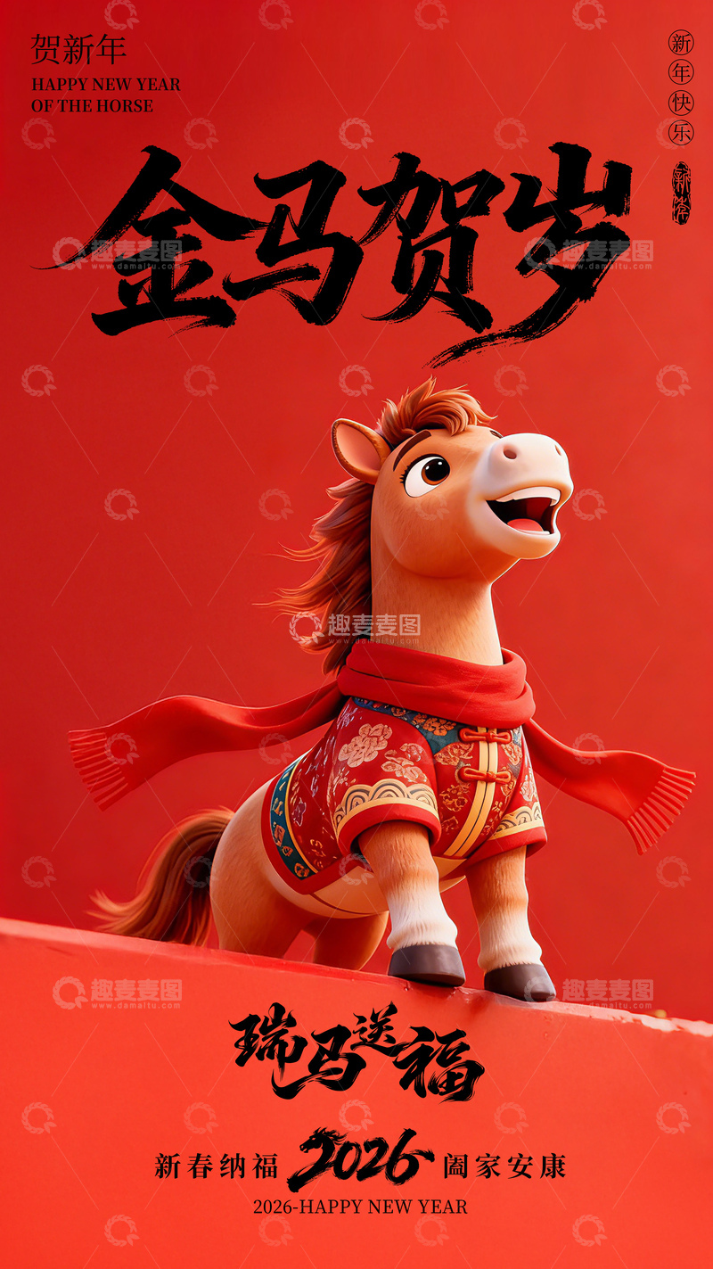 源文件下载【趣麦麦图】-3D卡通马年海报