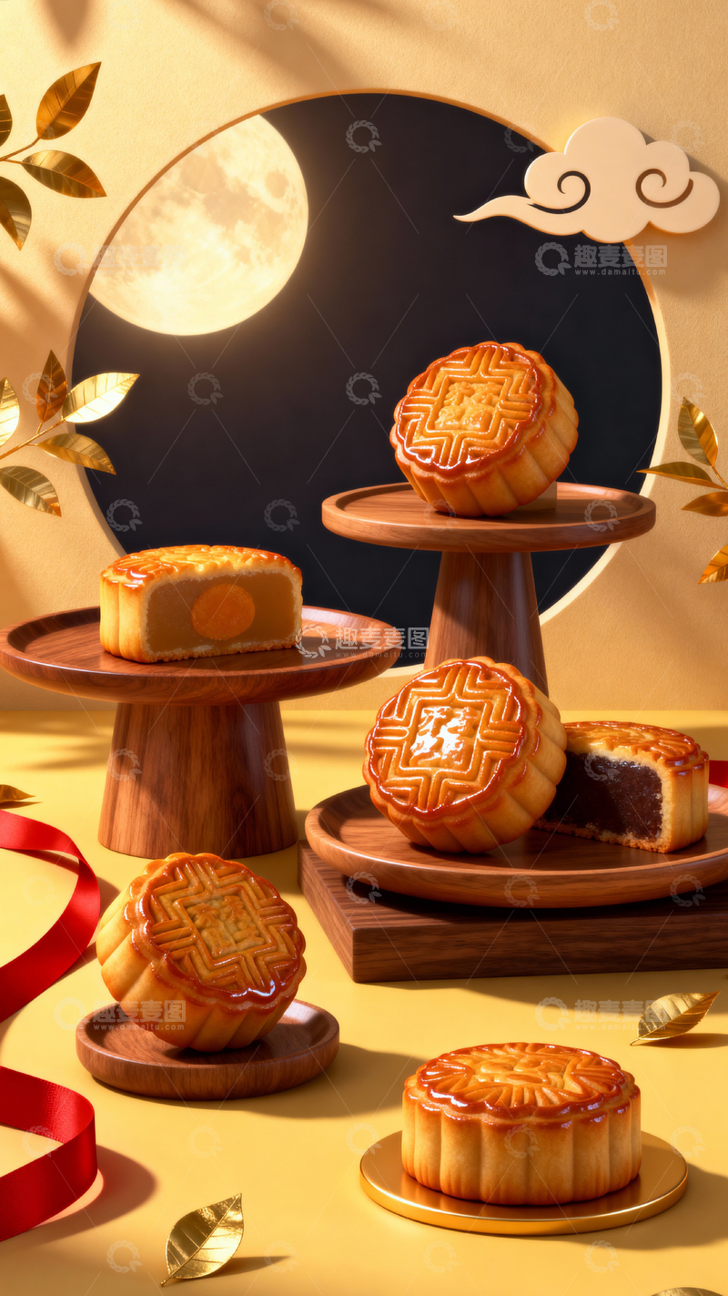 高清大图下载【趣麦麦图】中秋节月饼背景_竖屏036