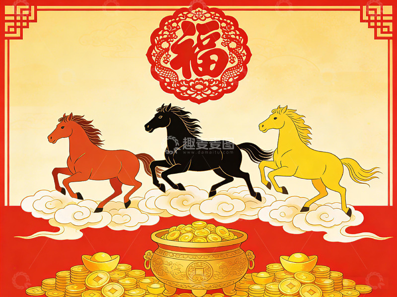 高清大图下载【趣麦麦图】中国风马年吉祥图