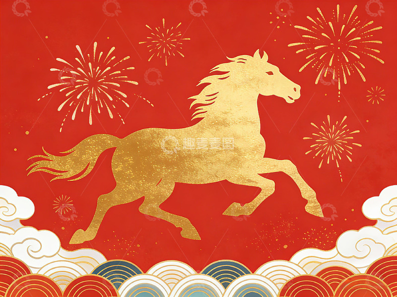 高清大图下载【趣麦麦图】金色骏马喜庆插画