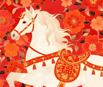 喜庆白马花卉插画
