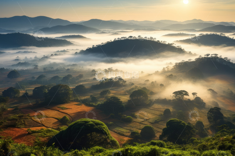 高清大图下载【趣麦麦图】山间晨雾弥漫的自然风光