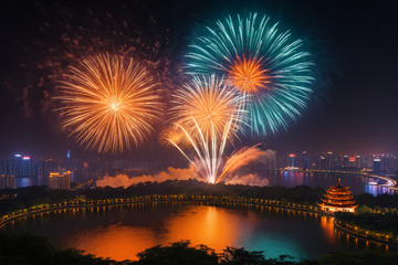 城市夜空绽放绚丽烟花