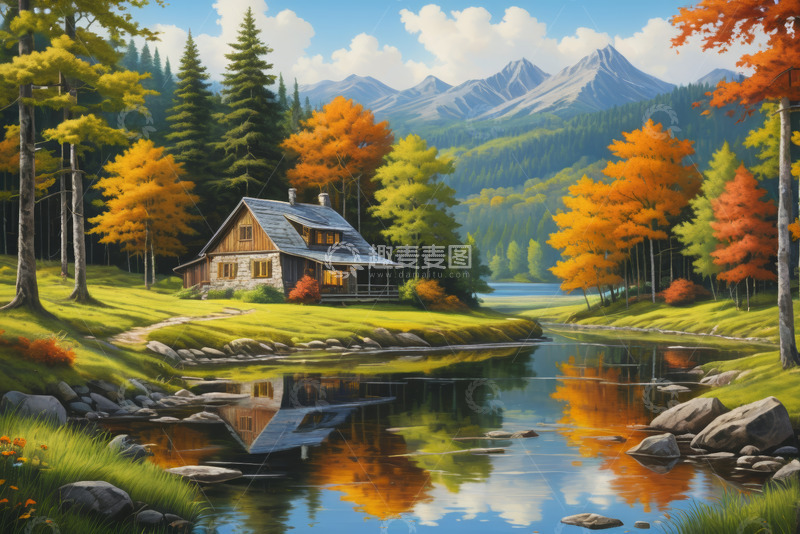 高清大图下载【趣麦麦图】山林湖畔木屋自然风光