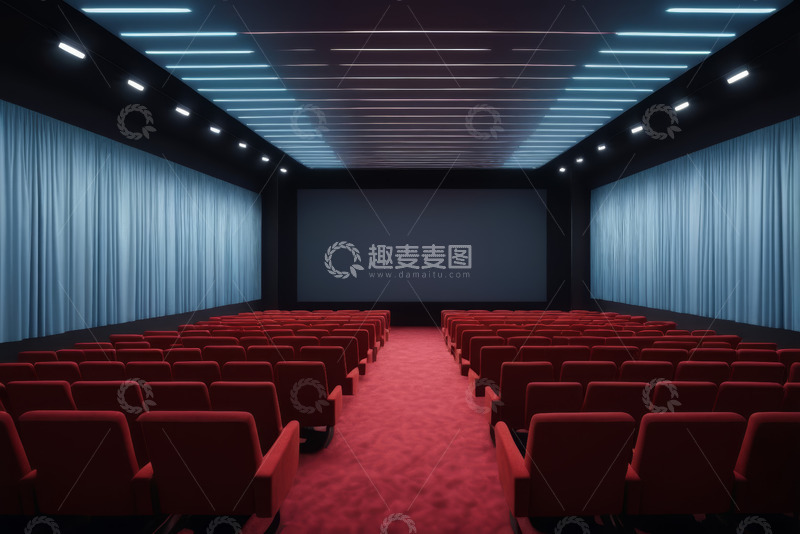 高清大图下载【趣麦麦图】空旷电影院内的红色座椅与屏幕