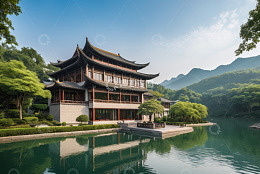 中式古建筑临湖风景