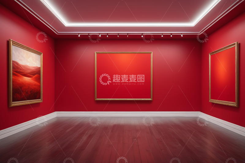 高清大图下载【趣麦麦图】红色画廊展厅与空白画框