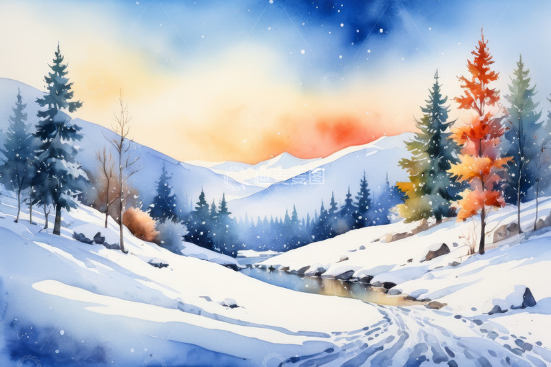 高清大图下载【趣麦麦图】冬日山林雪景水彩画