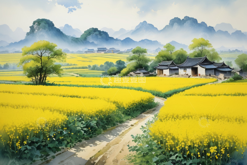 高清大图下载【趣麦麦图】田园风光油菜花田与民居