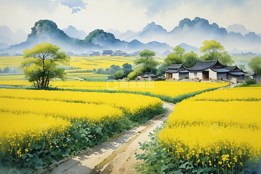 田园风光油菜花田与民居