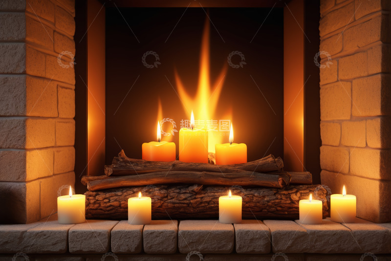 高清大图下载【趣麦麦图】壁炉前燃烧的蜡烛与木柴