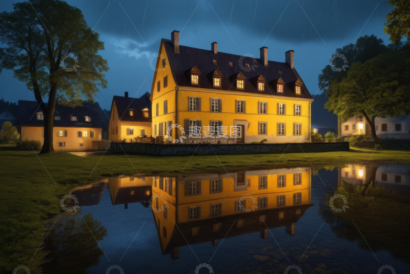 高清大图下载【趣麦麦图】雨夜中的欧式别墅及倒影
