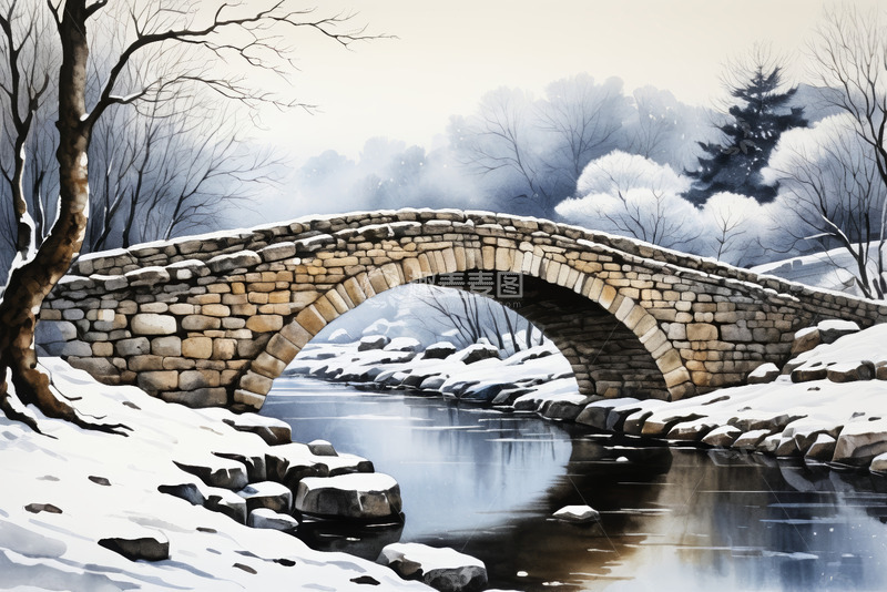 高清大图下载【趣麦麦图】冬日石桥雪景风光