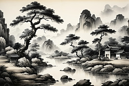 水墨风格中式山水景观