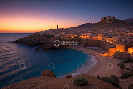 海边小镇日落全景