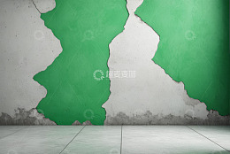 破损绿色墙面与灰白地面场景