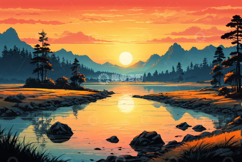 高清大图下载【趣麦麦图】山间湖泊日落自然风光