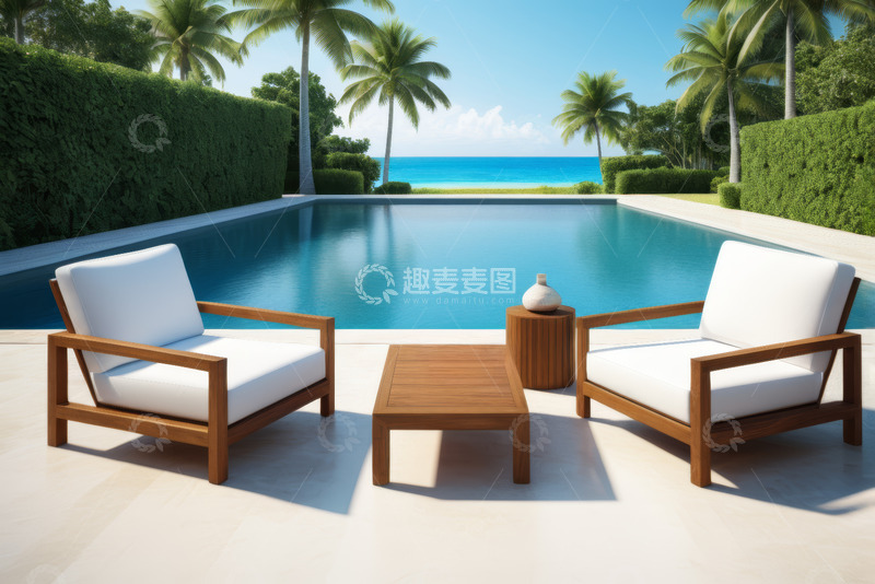 高清大图下载【趣麦麦图】户外泳池边的休闲座椅