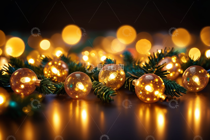 高清大图下载【趣麦麦图】圣诞装饰球与松枝灯光特写