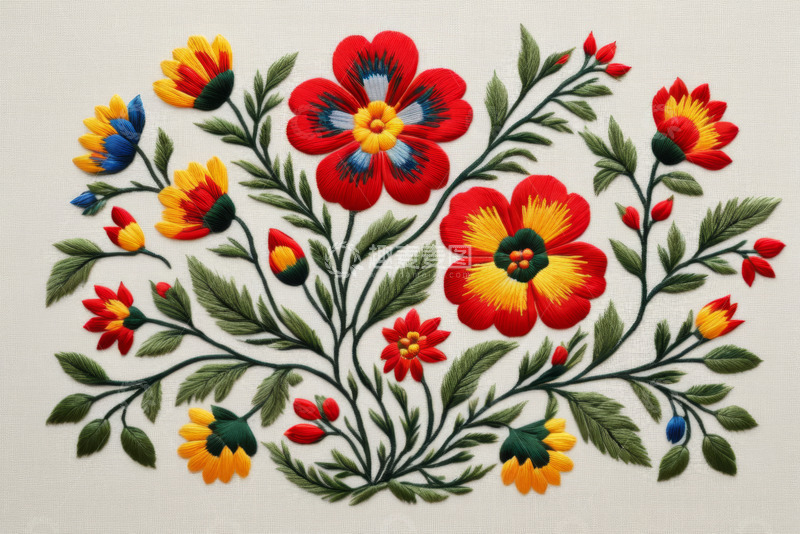 高清大图下载【趣麦麦图】彩色花卉刺绣图案